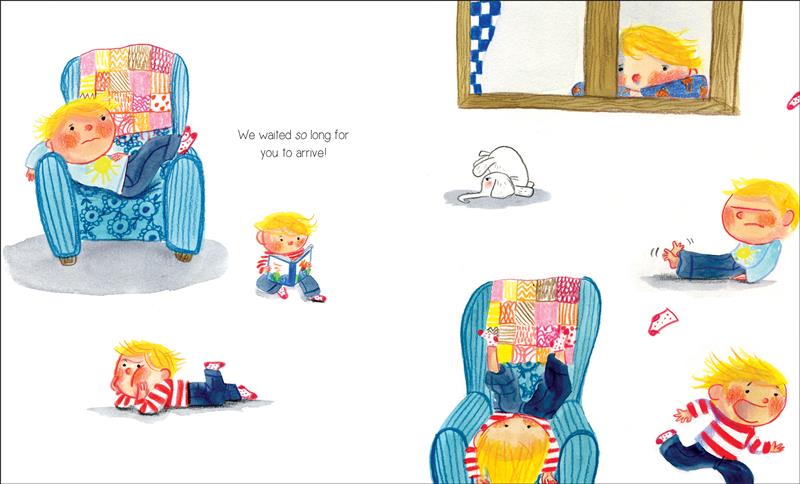  A child with light skin tone and blond hair is seen moving from one position to another throughout the image. He lounges on an armchair, reads a book, lays on the ground, sits upside-down in his chair, watches out the window, wiggles his toes, and runs toward the right side of the page in excitement. Text: We waited so long for you to arrive! 