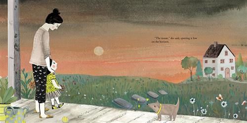  A porch looks out onto a grassy field with wildflowers, and the yard of a white house beside the field. The sky is black and red, and the moon is full. A woman and a girl with light skin tone stand on the porch looking out to the field. A dog stands with them. Text: “The moon,” she said, spotting it low on the horizon. 
