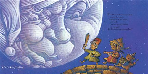  It is nighttime. The moon is very large and takes up most of the sky. The moon has the face of an old man. Two children and a teddy bear walk across a brick wall. The boy carries a wooden sword and a candle. The girl carries a baton. The bear plays a drum strapped to its chest. Text: The man in the Moon looked out of the moon, looked out of the moon and said, “’Tis time for all children on the earth to think about getting to bed!” 