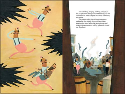  This image is a double page spread. To the left, a man with dark skin tone in pink pants and suspenders runs from explosions back and forth across the page. At the bottom of the page, he carries a man with light skin tone. To the right, the man with dark skin tone is by a large pile of broken machinery and pipes. Smoke rises from the pile. The text says that the loud noises from the factory are overwhelming, and no one could hear him. The workers all manage to escape just before the factory collapses. 