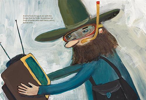  There is man with light skin tone and a long brown beard. He is wearing a tall green hat with a wide brim, a pair of goggles, a snorkel, and a black purse. In his hands he holds out an analog television with two antennas. Text: And he finds things to do with the things that he finds. Sometimes he finds it harder than he’d like to admit, but he tries. 