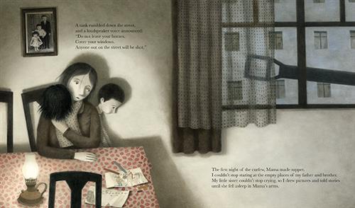  A woman and two children are at a table at night. A girl is in the woman’s lap. A boy is behind the chair. An oil lamp, drawings and crayons are on the table. Outside is a tank’s gun. The text says a tank drives by and a loudspeaker says “Do not leave your homes. Cover your windows. Anyone out on the street will be shot.” The mom cooks on first night of curfew. The boy stares at the empty spots of his dad and brother. He draws and tells stories until his little sister stops crying and sleeps. 