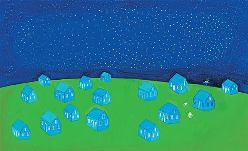  It is nighttime. Sixteen blue houses sit on a green hill. One of the houses has a light on inside one room, a reindeer shaped weathervane, and two dog houses beside it. 