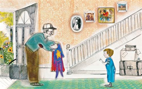  The foyer of a house has an open front door, a staircase going up, and a hallway with a green carpet. Standing by the open door is an old man with light skin tone holding a superhero costume. He leans down toward a boy with light skin tone standing in the hallway. Suitcases are beside the staircase and one is holding the door open. Family photographs line the wall going up the stairs. 