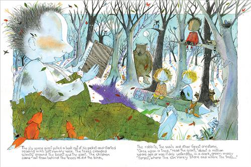  Bare trees with faces stand in a forest covered with snow. Birds sit in the branches and leaves are in the air. A child with dark skin tone is in a branch with a racoon. Two children with light skin tone sit on a giant pencil in the snow. Woodland creatures are around. Everyone watches a giant who reads a book facing the children and animals. He has blue skin and wears green overalls. The text says the giant is shy and young. He reads and everyone, including the trees, crowd around to hear. 