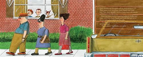  A red brick wall is behind a sidewalk. Two woman and one man with light skin tone walk on the sidewalk in a line. In the building’s window are three children with light skin tone. A brown car is parked in front of a garage beside the brick wall. The text says that the three adults are aunts and an uncle to the children. They visit every Sunday. The children watch and wonder if they’ll say something different today. A boy answers “Not a chance.” 