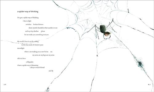  A spider’s web takes up most of the page and a black spider sits in the web. The spider’s head looks like a child with light skin tone. The text is a poem called “A Spider Way of Thinking.” 