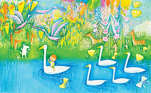  A lush green meadow full of flowers is beside blue water. Many animals like deer, foxes, rabbits, and flamingos are in the meadow. In the water are five swans. A boy with light skin tone and orange hair sits on the back of the first swan. Butterflies fly around the swans. 