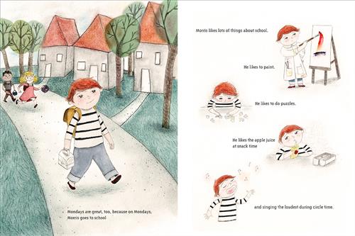  This image is a double page spread. To the left three children walk on the sidewalk with backpacks. One is a boy with light skin tone and orange hair. The text says Morris likes Mondays because goes to school. To the right is a series of scenes. First the boy paints. Then he does a puzzle. Next, he drinks a juice box. Then, he sings. Music notes are in the air. The text says Morris likes a lot of things about school. He likes to paint, doing puzzles, the apple juice, and singing the loudest. 