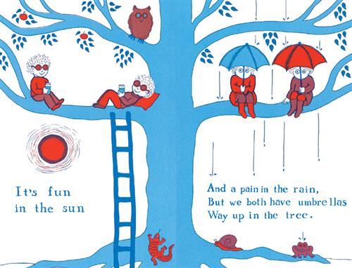  A blue tree has blue leaves and red fruit. Two people in red clothes sit in the tree. On one side it is sunny and they wear sunglasses and drink water. Above them sits an owl. A blue ladder is on the tree branch. On the other side of the tree it rains and they hold umbrellas, one blue and one red. At the base of the tree are a red lizard, a red snail, and a red frog. Text: It’s fun in the sun and a pain in the rain, but we both have umbrellas way up in the tree. 