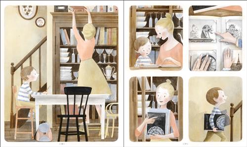  This image is a double page spread. To the left, a boy sits at a dining room table. A woman reaches for a book on top of a hutch along a wall. To the right are four square panels. In the first, a woman points to a page in a book. She looks at the boy sitting beside her. The second is a view of the book’s pages. The boy points to a black and white picture of a gargoyle. In the third, the woman holds up a book titled “Notre-Dame Paris.” In the fourth, the boy walks upstairs with the book on Notre-Dame. 