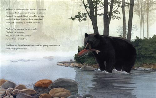  A black bear in a creek has a fish in its mouth. Tall trees block light. Text: At dusk, a bear wandered down to the creek. He sat on his haunches, feasting on salmon. Beneath the creek, Sumi turned in her egg, strained to hear from her little stone bed, a song of a journey, a seed of a dream. I followed the stars and the river’s pull. I followed the salty air. The sea was wide and beautiful, but my heart wasn’t there. And later, as the salmon mothers drifted gently downstream, their songs grew fainter. 