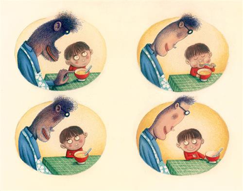  This image is a series of four scenes. First, a man with the head of a gorilla is at a table with a boy with light skin tone. The boy looks away from the man with wide eyes and furrowed brows. The man points to a bowl of food. Second, the man is less of a gorilla. The boy crosses his arms and looks at him. Third, the man is even less of a gorilla. The boy eats with his eyes closed. Fourth, the man has light skin tone. The boy looks at him with a smile. The bowl of food is empty. 