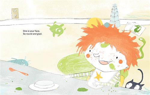  A child with light skin tone and orange hair sits at a table wearing a bib. On the table is an upside-down bowl, a spoon, and piles of food. Toy aliens, blocks, a book, and rubber balls are on the ground. A black cat peaks over the table top. Text: One is your face, so round and glad. 