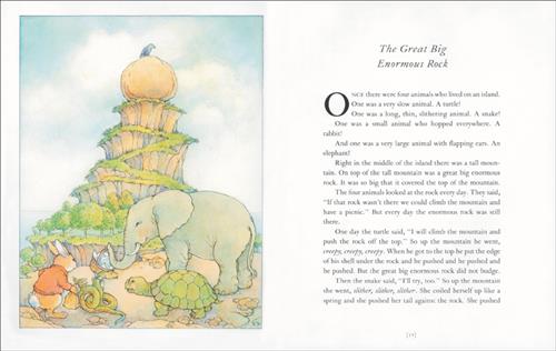  A mountain has a large boulder on top of it. A grassy pathway spirals up the mountain to the top. At the base are trees and grass. On a dirt path in front of the hill are a rabbit, snake, turtle, and elephant. The elephant carries a basket and the rabbit has a paper sack. The text is titled The Great Big Enormous Rock. The text starts a story about four animals who want to have a picnic at the top of the mountain. One by one they try to push the boulder off of the mountain so they can have their picnic. 