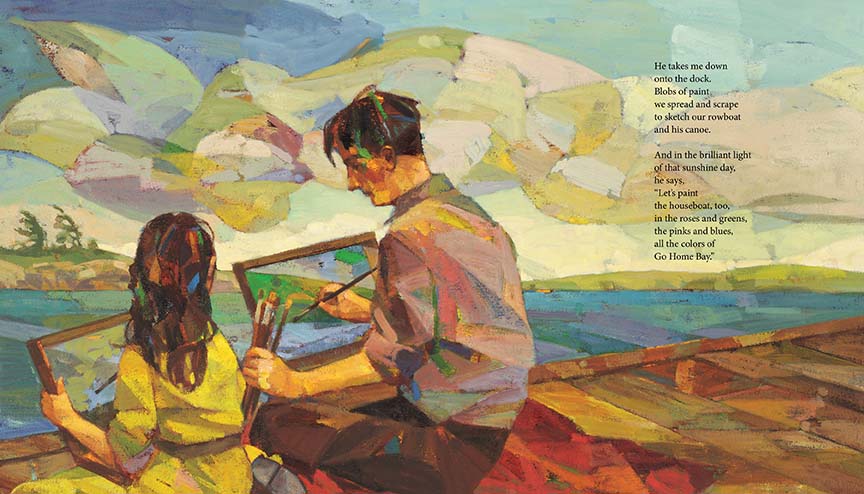  A wooden dock is by water with hills on the other side. A man with medium skin tone sits beside a girl on the dock. They are holding brushes and canvases. They paint the scenery. The text says that it is a sunny day. They are sketching their rowboat and his canoe. They paint a houseboat as well in pink, blue, and the other colours of the bay. 