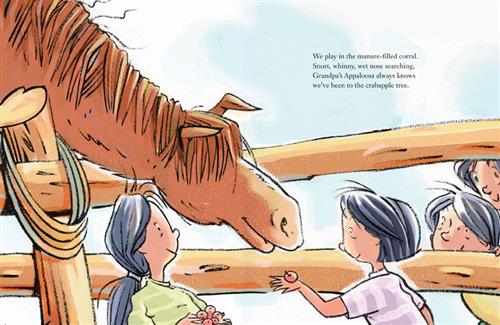  A tall brown horse leans down over a wooden fence. Four girls with medium skin tone stand close and watch it. One girl carries a bunch of crabapples. Another girl holds a crabapple out to the horse. Text: We play in the manure-filled corral. Snort, whinny, wet nose searching, Grandpa’s Appaloosa always knows we’ve been to the crabapple tree. 