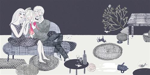  This image is in shades of black and white. A space inside of a home has many small circular rugs, a table, and a small couch. On the couch are a man, a woman, and a girl who is wearing a pink tutu. The man and the woman hold the girl between them in a hug. Small knick-knacks and décor are on the floor along with a teapot and spilt liquid. 