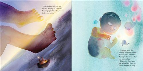  This image is a double page spread. To the left is water. The sun is on the horizon. The sky is purple and yellow. A boat is in the waves. Legs extend across the sky and into the water. To the right is an underwater view. The water has jellyfish and whales. Light is visible through the water. A baby floats under water in the fetal position with her eyes closed. She is larger than the whales and jellyfish. Text says the baby kicks and hits the end of her world. She hears a sweet sound of love and sleeps. 