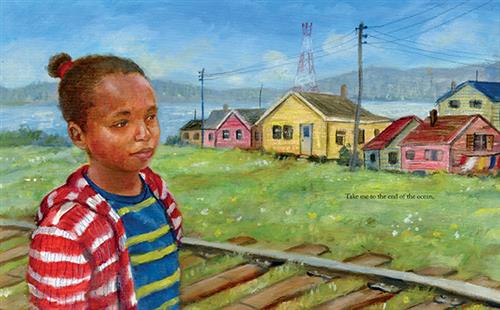  A town of small colourful houses is beside railroad tracks. A girl with dark skin tone walks beside the tracks. Beyond the town is water and green hills. Text: Take me to the end of the ocean. 