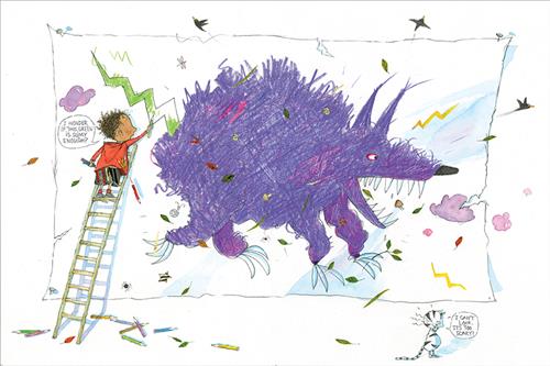  A large paper is hung up on a wall by four nails. A boy with dark skin tone stands on a ladder leaning against the paper. He is drawing with a green pencil. On the paper is a large purple monster with claws and a green tail. A black and white cat stands to the side. A speech bubble beside the boy reads: I wonder if this green is slimy enough? A speech bubble beside the cat reads: I can’t look it’s too scary. 