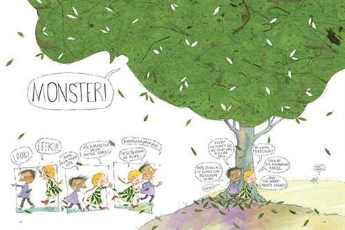  This image is a double page spread. To the left are a boy with dark skin tone and a girl with light skin tone under a tree that says “Monster!” They run in different directions. The boys says Look! Run for your life. The girl says Eeek!!! It’s a monster from outer space! To the right they lean against the tree. The boy says Phew! He didn’t see us. It looks like poisonous slime. The girl says Look at his enormous fangs and his sharp pointy horns. They watch a snail on a hill. The snail says Snail power! 