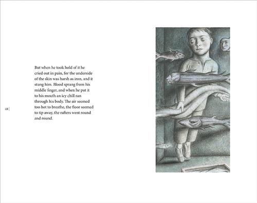  This image is in shades of black and white. A boy with light skin tone floats in the corner of a room. Fish swim around, some with human faces. He holds onto a rope in front of him. Text: But when he took hold of it he cried out in pain, for the underside of the skin was harsh as iron, and it stung him. Blood sprang from his middle finger, and when he put it to his mouth an icy chill ran through his body. The air seemed too hot to breathe, the floor seemed to tip away, the rafters went round and round. 