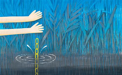  Blue grass and reeds line the edge of the water. Hands that are light skin tone are stretched out above the water. A gold chain is half in the water, dropping downwards. 