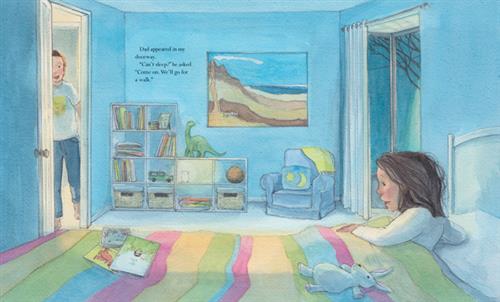  A bedroom has a large window. The lights are off. Against the wall are an armchair and a bookcase. The door is open, and light comes through it. A man with light skin tone stands in the opening. He looks toward the bed. A girl with light skin tone is sitting up and looking at the man. On the bed are three picture books and a stuffed bunny rabbit. Text: Dad appeared in my doorway. “Can’t sleep?” he asked. “Come on. We’ll go for a walk.” 