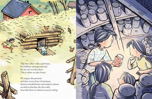  This image is a double page spread. To the right is a cellar with logs outside and chicken and hay on top. Behind is a house and farmland with cows. Two girls with medium skin tone go to the cellar. The text says the root cellar is like a pit house. It is halfway underground with its own door. They play house and inspect jars of food on shelves that line the dirt walls, from dirt floor to cobweb-covered ceiling. To the right are four girls with medium skin tone inside by shelves of jars and bags of food. 