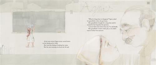  This image is a double page spread. To the left, a girl is at a chalkboard. She spells out “A g n” in cursive. To the left, she looks at an old man. Their faces are eye to eye. The name Agnes is above them. Text says that Agnes wrote her name in cursive at school. The next day she was sad and wondered why things have to disappear. She asked her grandfather and he asked if he could think about it more. She didn't want to bother him anymore because he looked pale. 