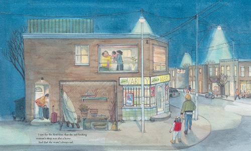  It is It is nighttime. A city street corner with a variety shop is lit by streetlights. In front of the shop is a man and a child hand in hand. Above the shop is an apartment window. In the window one woman passes a baby to another. On the side wall of the shop is a fenced-in and an open door. A man stands there with two suitcases. Across the street are buildings. People walk and ride bikes. Text: I saw for the first time that the sad-looking woman’s shop was also a home. And that she wasn’t always sad. 