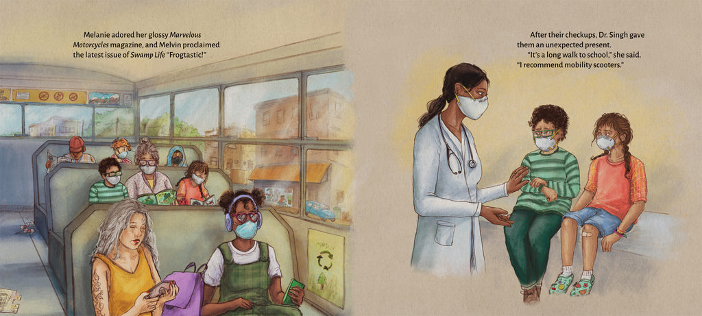  On the left page, Melanie, Melvin and their grandmother sit on a seat in a public bus, surrounded by other passengers. The family and a few passengers wear masks. Grandma reads a magazine to Melvin, while Melanie reads on her own. On the right page, Melanie and Melvin are at the doctor's office. Dr. Singh, who has dark skin tone and long brown hair, recommends that the twins get mobility scooters. They are all wearing masks. 