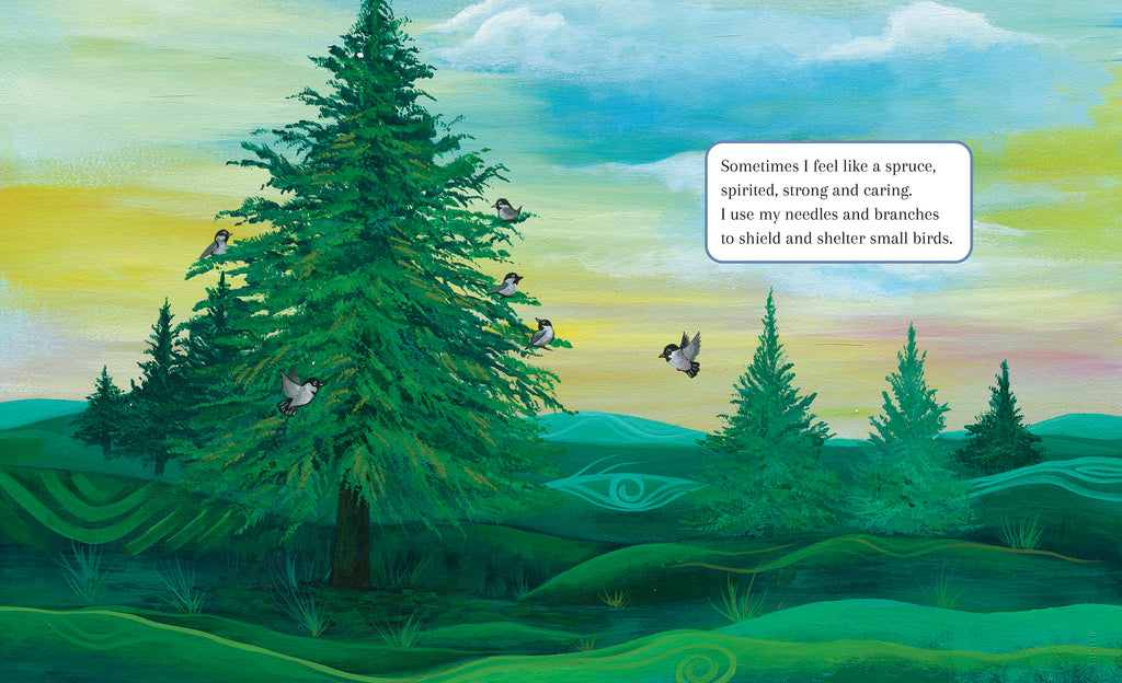  Several birds sit in the branches of a tall coniferous tree, and one small bird flies toward them. The background is filled with rolling green hills and a few other similar trees. The narrator explains that they sometimes feel like a spruce tree, and they describe the tree's characteristics. 