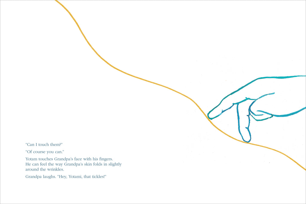  A child's hand traces a long yellow line that stretches across the page. In the text, a young boy asks to touch his grandfather's wrinkles. 