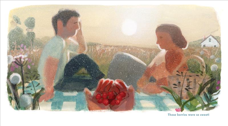  A man and woman with medium-pale skin tone sit facing each other on a picnic blanket in a field. The sun sets behind them. In the foreground, a child holds out a handful of red berries. Text: Those berries were so sweet! 