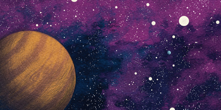  A view from outer space. The space between planets is black and purple. Many stars both big and small are all around. A very small planet in the distance resembles Earth. A large planet floats to the left. The planet is orange with deeper orange stripes running across it. 
