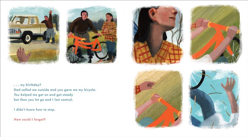  A series of square illustrations against a white background show the man bringing home a red bicycle, the woman helping a boy with medium-pale skin tone to ride it, and then the boy falling off the bike. Text: ... my birthday? Dad called me outside and you gave me a bicycle. You helped me get on and get steady but then you let go and I lost control. I didn't know how to stop. How could I forget? 