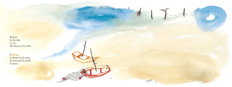  Water flows onto sections of a sandy area. Two boats, one orange and one red, sit in the sand. A net hangs from the red boat. A seagull sits on a fence post in the water. Fish bones lay in the sand. Text: Rocked by the tide, beige fell asleep on the sand. Text is also in Spanish. 