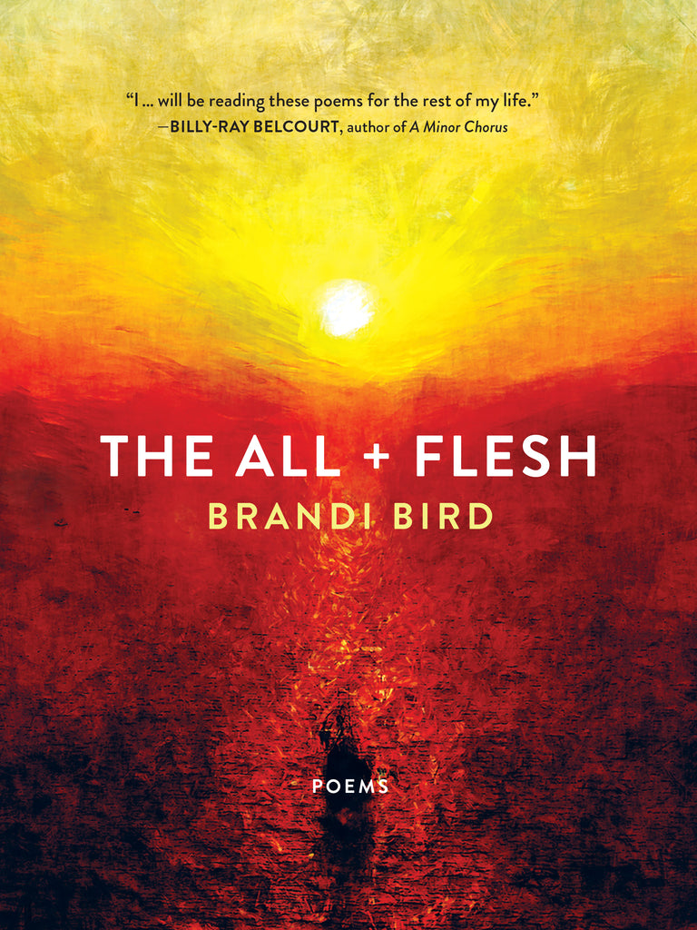  Cover: The All + Flesh, poems by Brandi Bird. A vibrant, impressionist-style painting of a golden sunset over a red horizon. The sky blends from teal at the top to a bright yellow around the white sun, which reflects like a flaming spotlight on the ground. The brush strokes are cross-hatched in the sky, giving the appearance of downward motion, while the ground appears sponged. 