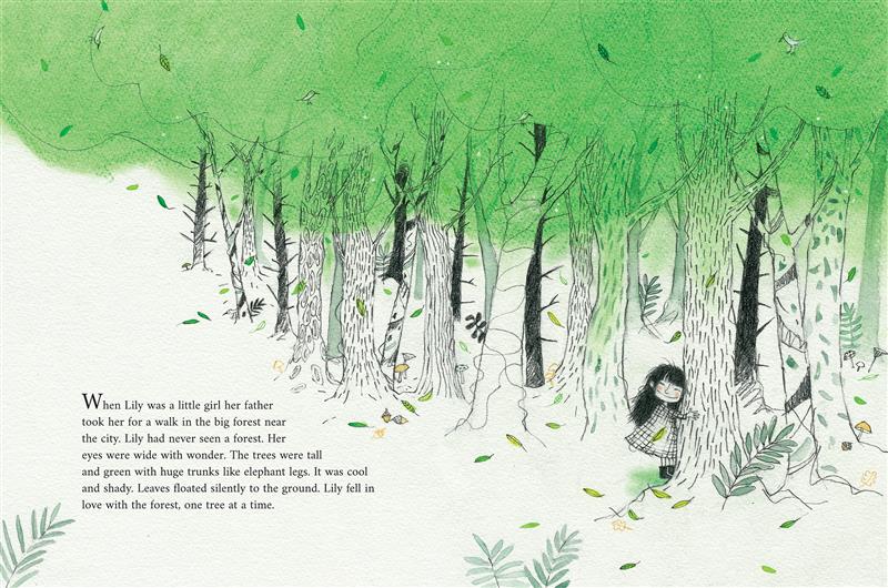  A little girl with long black hair and pale skin tone, Lily, stands in a forest, smiling and hugging a tree. The text talks about the first time Lily saw a forest, when she fell in love with it one tree at a time. 