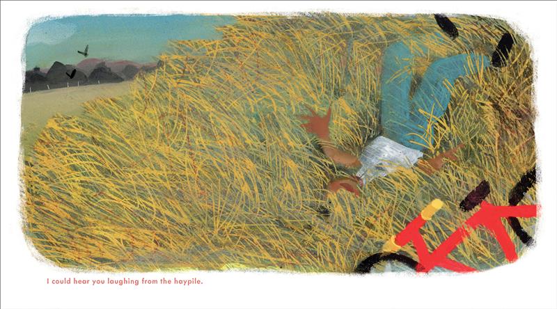  The boy lies upside down in a haypile. The red bicycle is next to him. Text: I could hear you laughing from the haypile. 