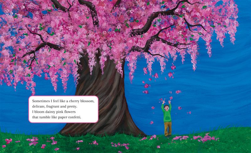  A child stands under an enormous tree with a curving trunk, and filled with pink blossoms. The child has light skin tone, short brown hair and wears a green long-sleeve shirt and brown pants. In the text, they explain they sometimes feel like a cherry blossom, describing the tree's characteristics. 