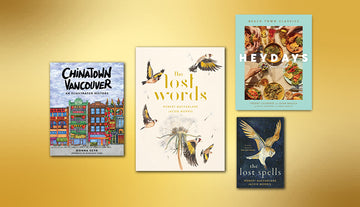 Covers of Chinatown Vancouver, The Lost Words, The Lost Spells, and Heydays at the June Motel on a gold background.
