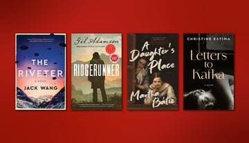 The covers of The Riveter, Ridgerunner, A Daughter's Place, and Letters to Kafka on a red background. 
