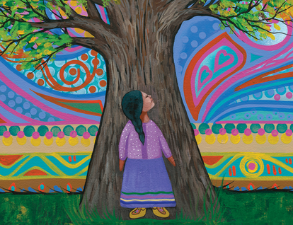 Sometimes I Feel Like an Oak. A girl with brown skin tone and black hair worn in a long braid stands in front of a tree trunk. The branches on the trees sprout green and yellow leaves. In the background there is a swirl of patterns in different colours. 