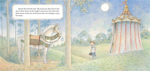  It is nighttime, but it is not yet dark. The moon is in the sky. In a green field with small hills is a red and white tent. Beside the tent are scattered trees. A white horse with ornate coverings and harnesses stands under the trees. A girl with light skin tone stands between the tent and the trees, looking at the horse and carrying a black bag. The text says that Doctor Kiss left the tent. The moon is shining on the tent and in the eyes of the horse that will carry her home. 