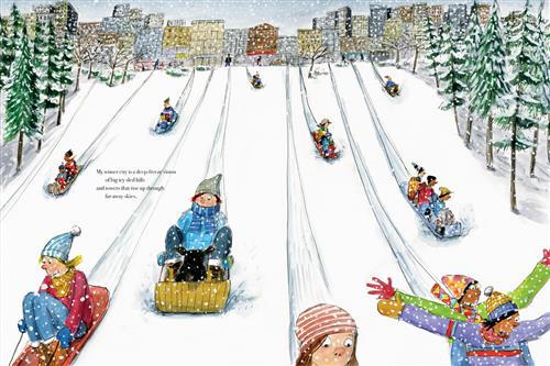  It is snowing while people sled down a snowy hill. The hill is lined with trees. Behind the hill is a cityscape. A couple with dark skin tone sleds with their hands in the air. A child with light skin tone sleds with their dog. Two girls with light skin tone sled alone. More groups of people are sledding further up the hill. Text: My winter city is a deep-freeze vision of big icy sled hills and towers that rise up through far-away skies. 