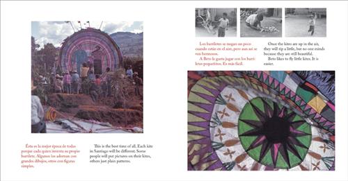  This image is a double page spread. To the left is a photograph of people facing a large tapestry. The tapestry is circular and has rings of colour going into the center where the image of a man and a woman are. To the right are three black and white photographs of a boy playing with a kite in the street. Underneath is a photograph of fabric with rings of colour and shapes going into the center. 