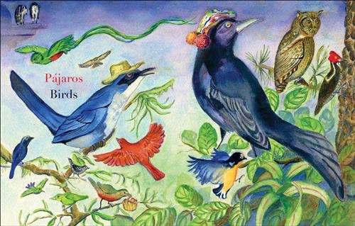  Many different, colorful birds are sitting in the branches of a tree. Some of the birds include a woodpecker, an owl, a raven, a blue jay, and a cardinal. The raven and the blue jay are wearing hats and one bird holds a tiny basket. Text: Pájaros. Birds. 